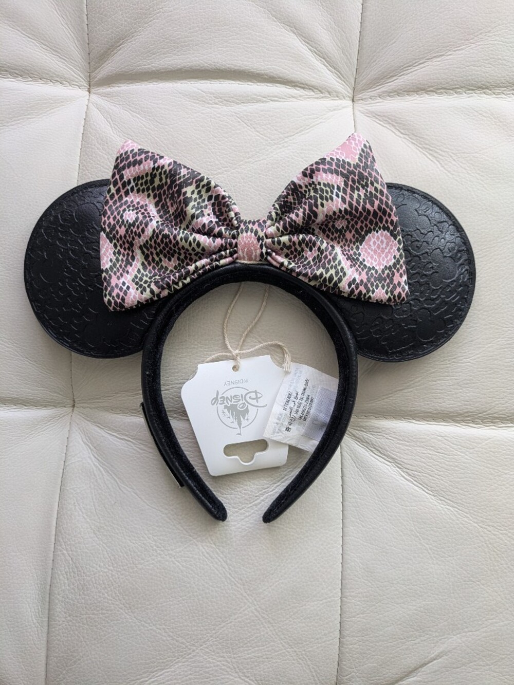 Disney Black Minnie Ears Headband with Pink Snake-Print Bow